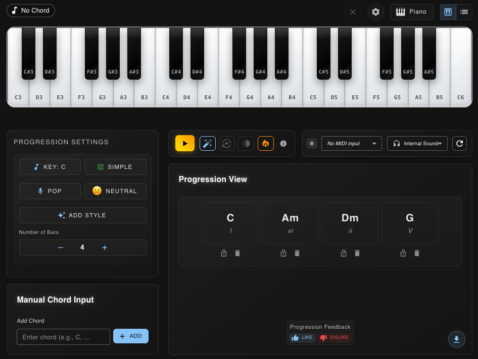 Chordelia App Interface - AI Chord Progression Generator with Virtual Piano and Progression Settings